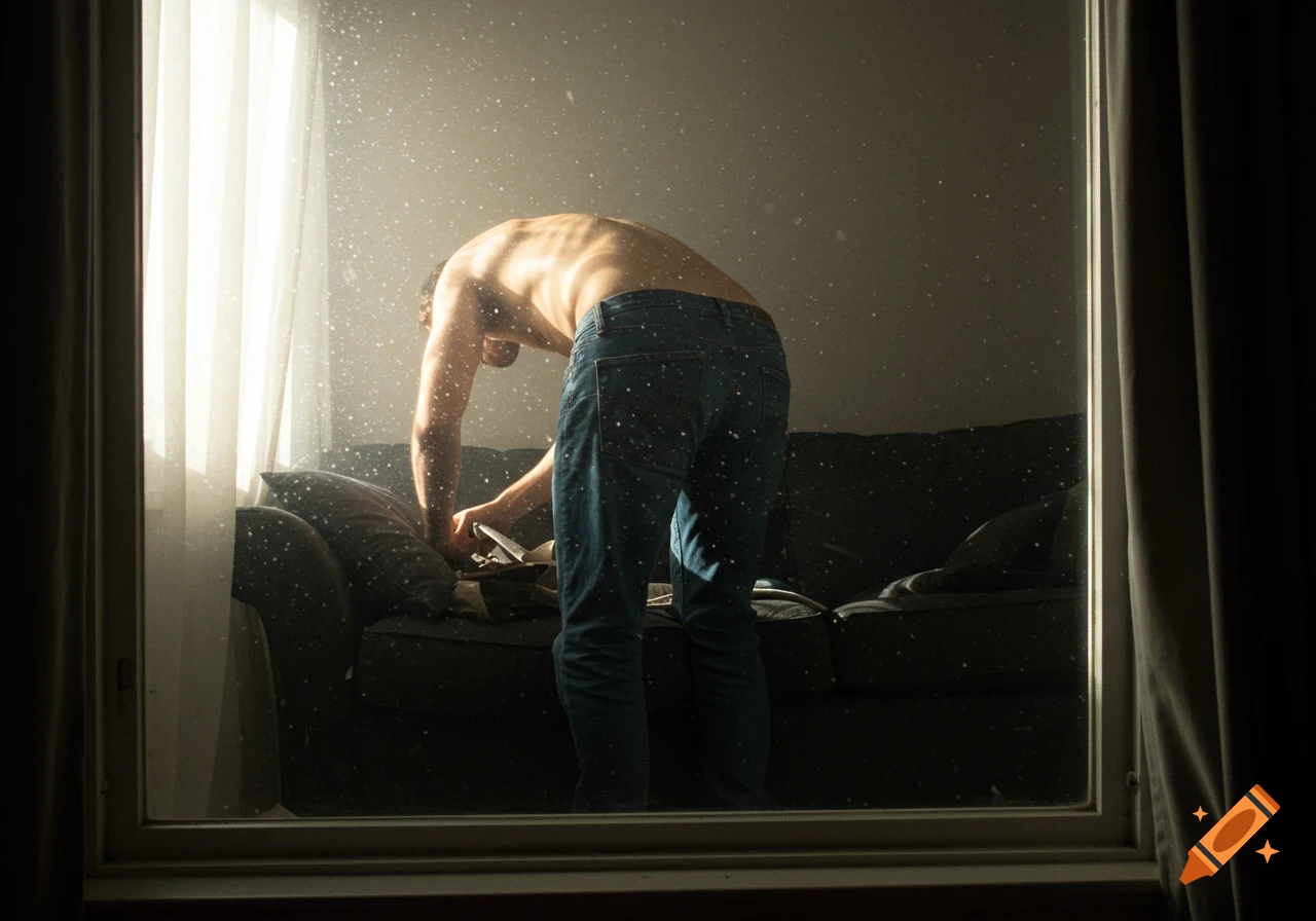 Shirtless man bent over a couch seen through a dusty window in a realistic photo.