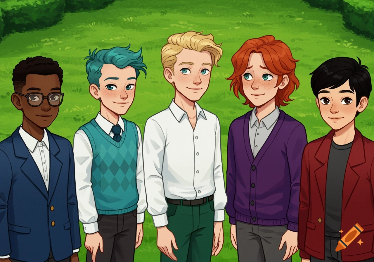 Five cartoon boys stand together outdoors in a preppy style.