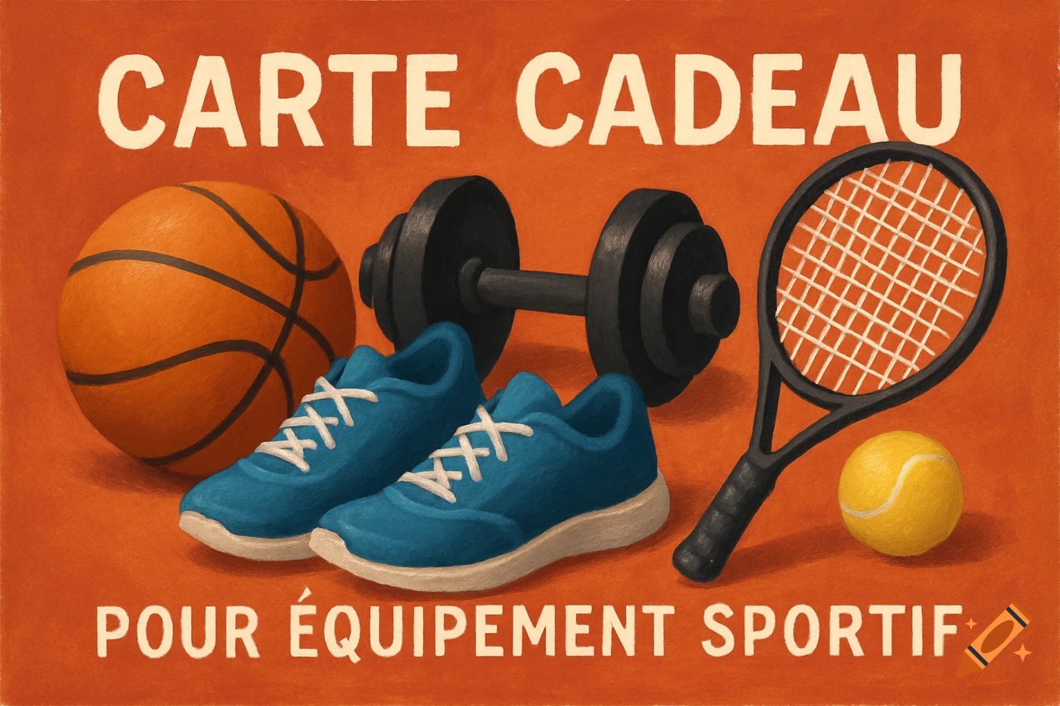 Illustration of a gift card for sports equipment, showing a basketball, dumbbell, running shoes, tennis racket, and tennis ball.