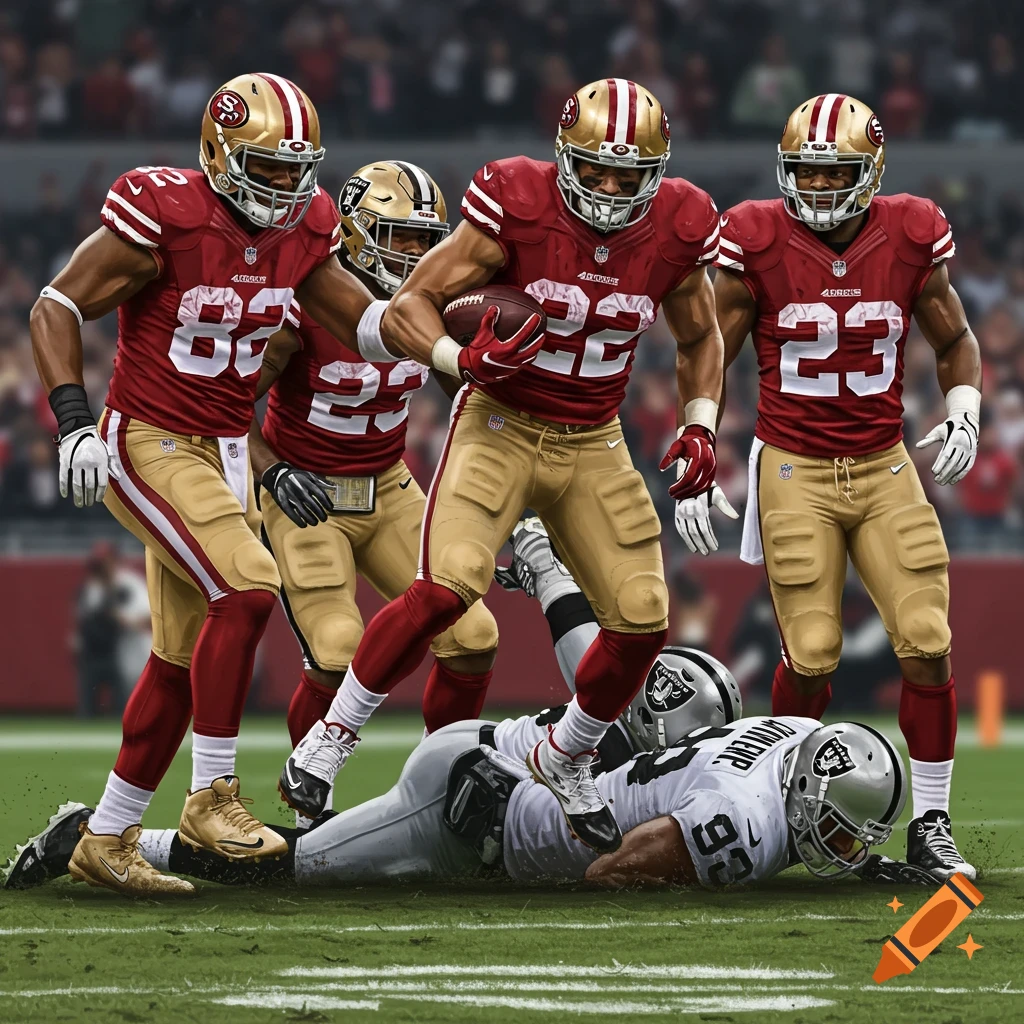 49ers football players stand over a fallen Raiders player during a game.