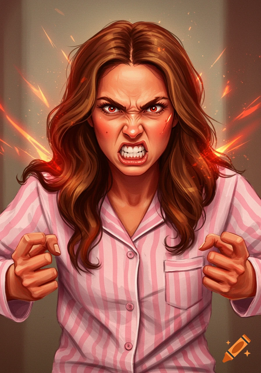 Digital portrait of an angry woman with red eyes, wearing pink striped pajamas, with energy around her head.