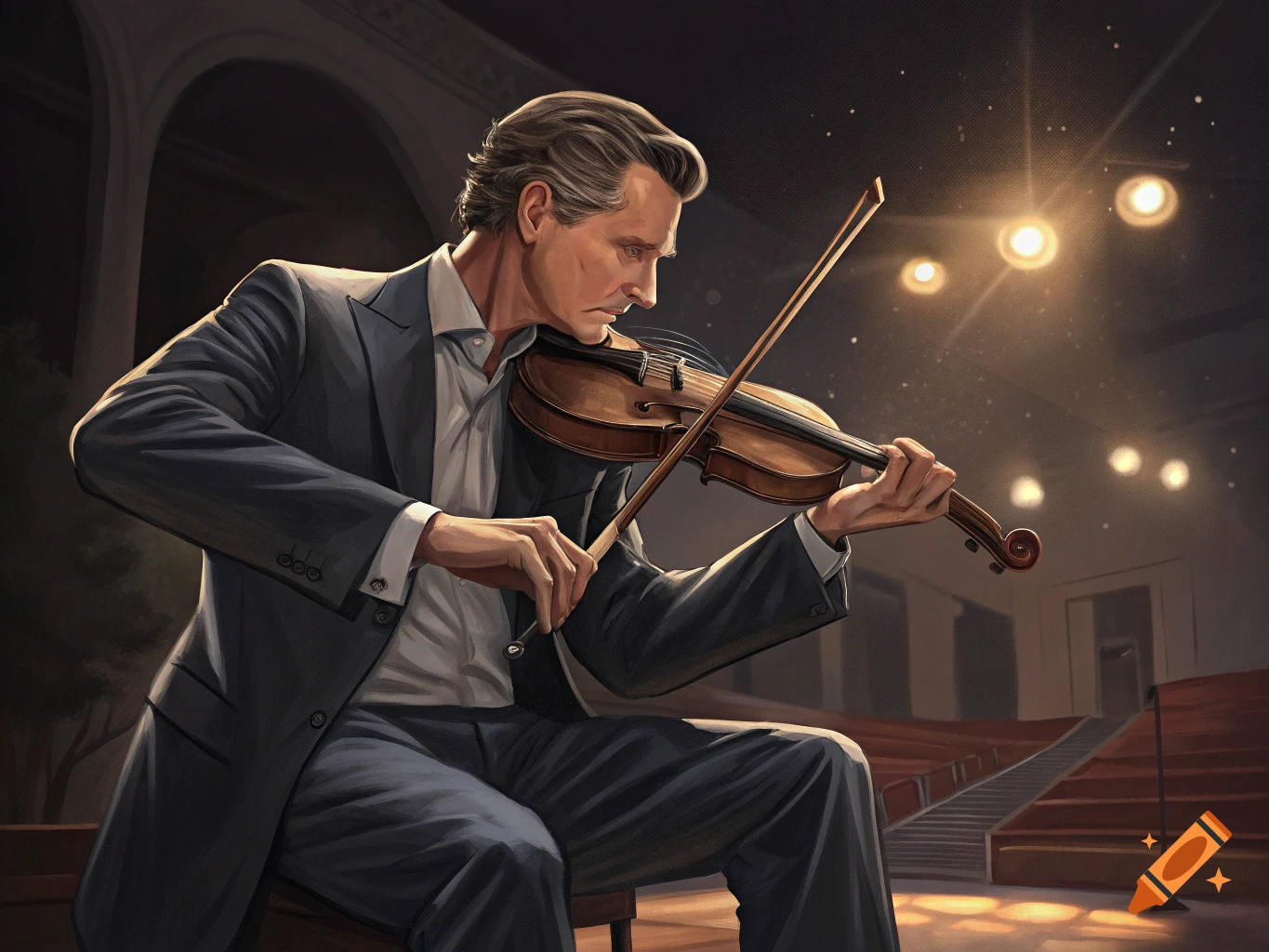 Illustration of a man playing the violin on a stage