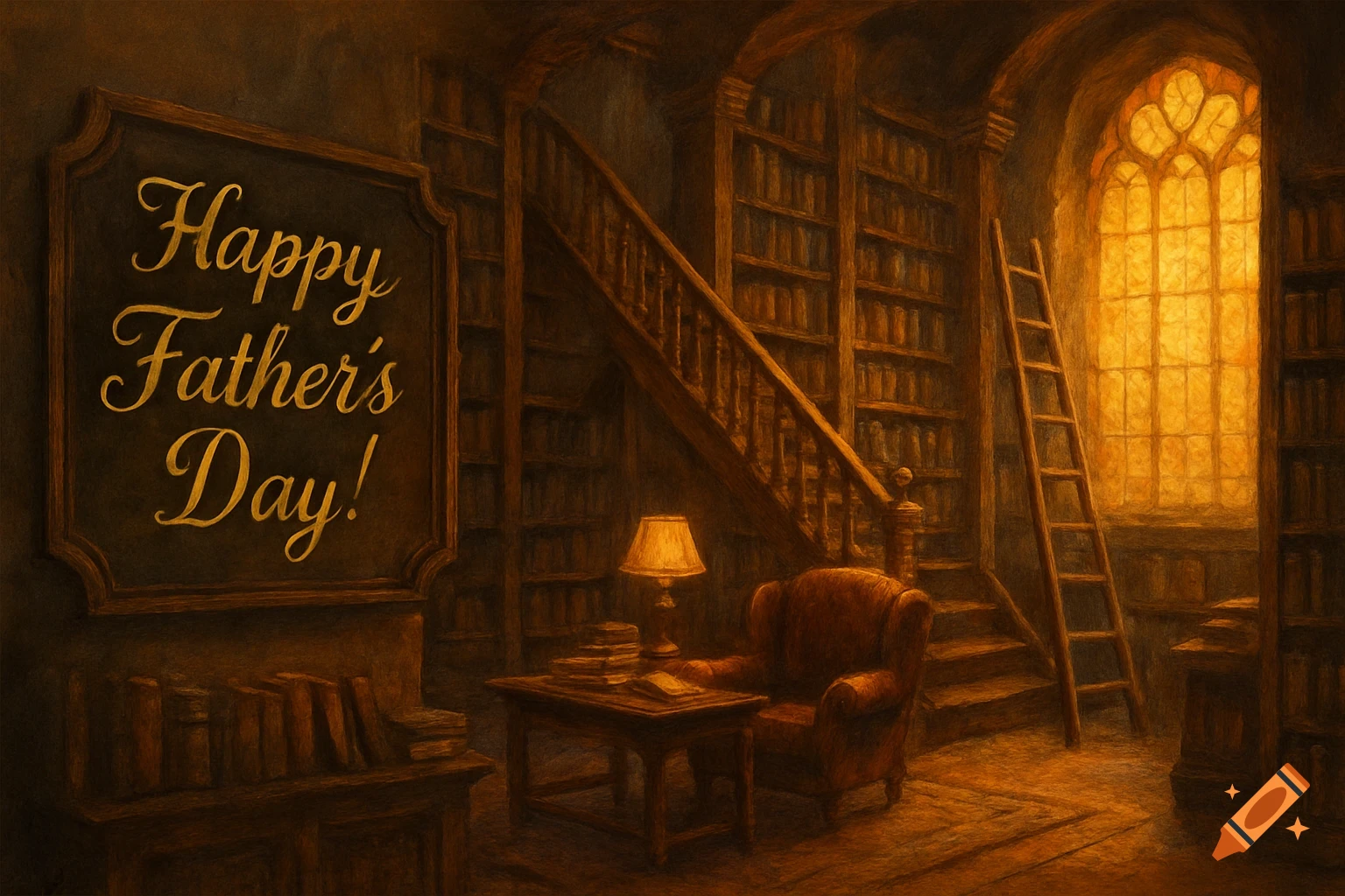 An old library scene with towering bookshelves, stairs, ladder, armchair, and a sign saying 'Happy Father's Day!'