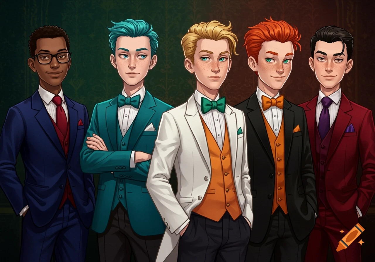 Five cartoon boys in colorful suits and ties.
