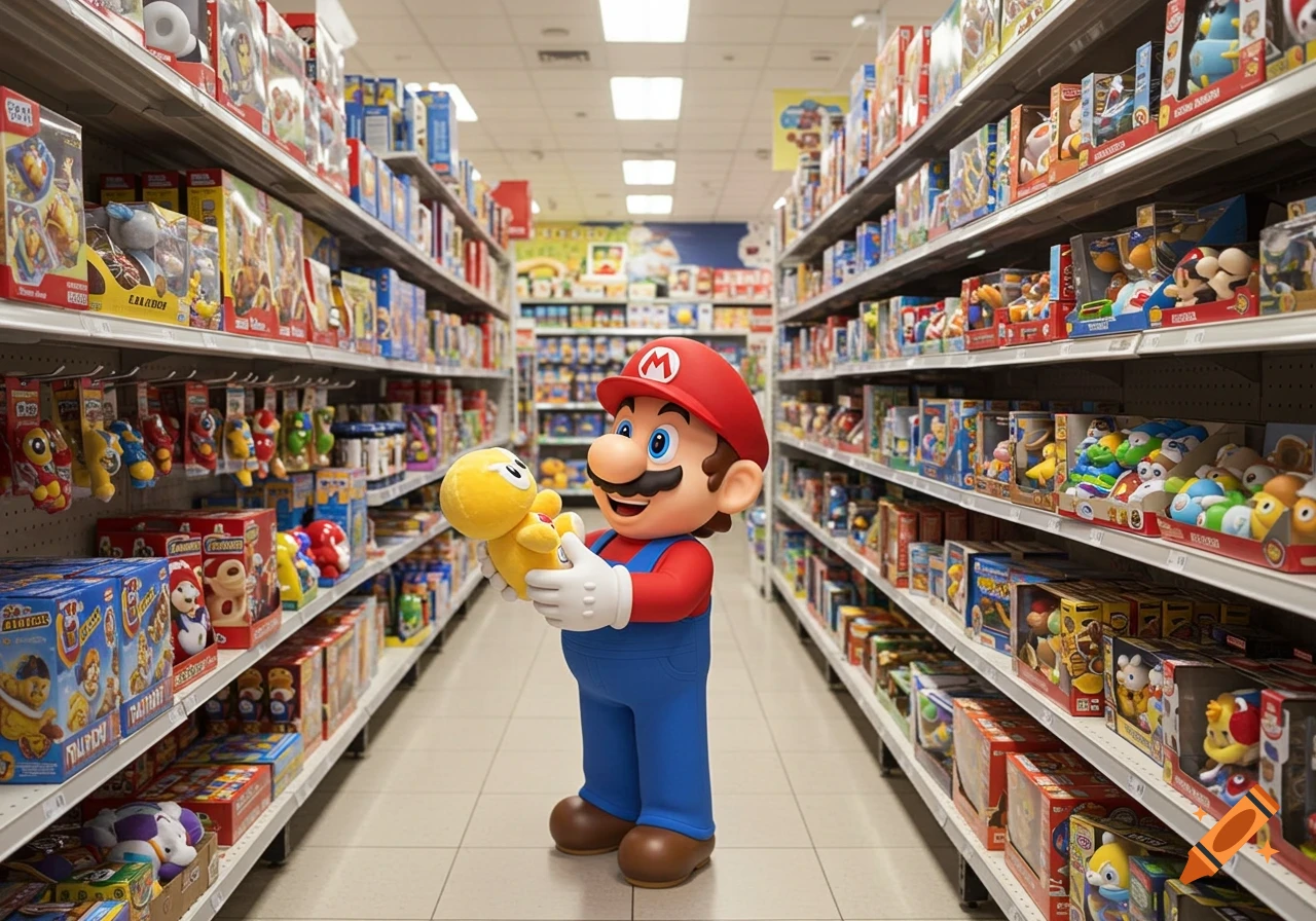 Mario holds a yellow plush toy in a bright store aisle filled with toys.