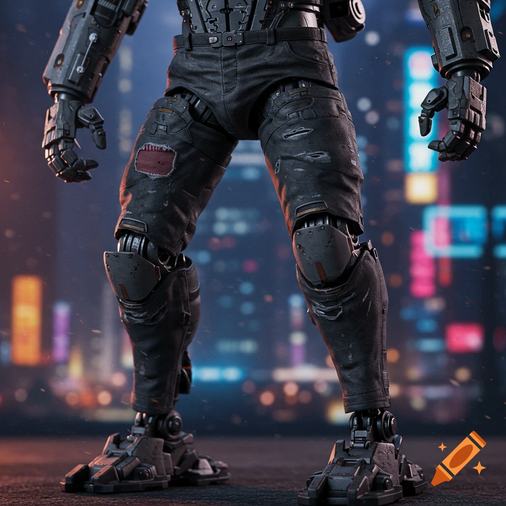 Close-up of a futuristic robot wearing dark pants, standing against blurred city lights.
