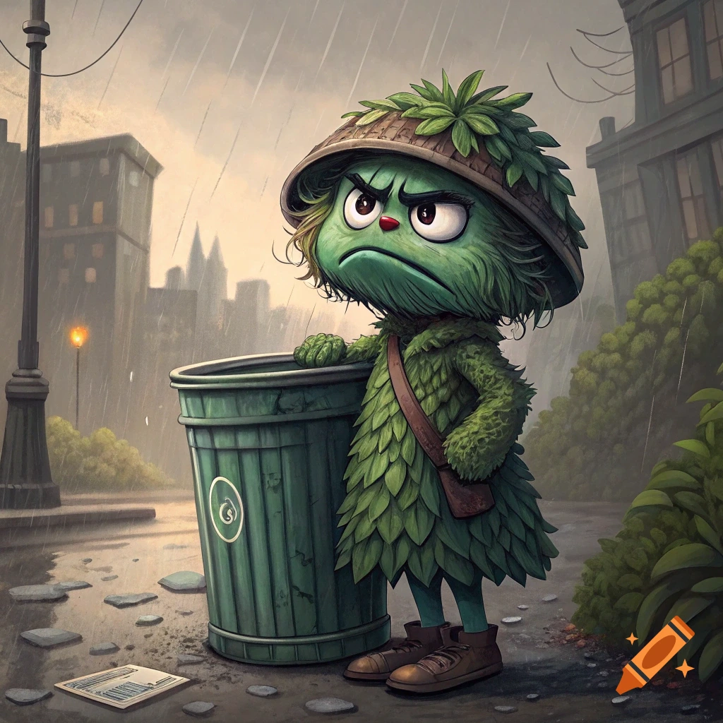 A grumpy green muppet-like character in a leaf suit stands next to a trash can in the rain.