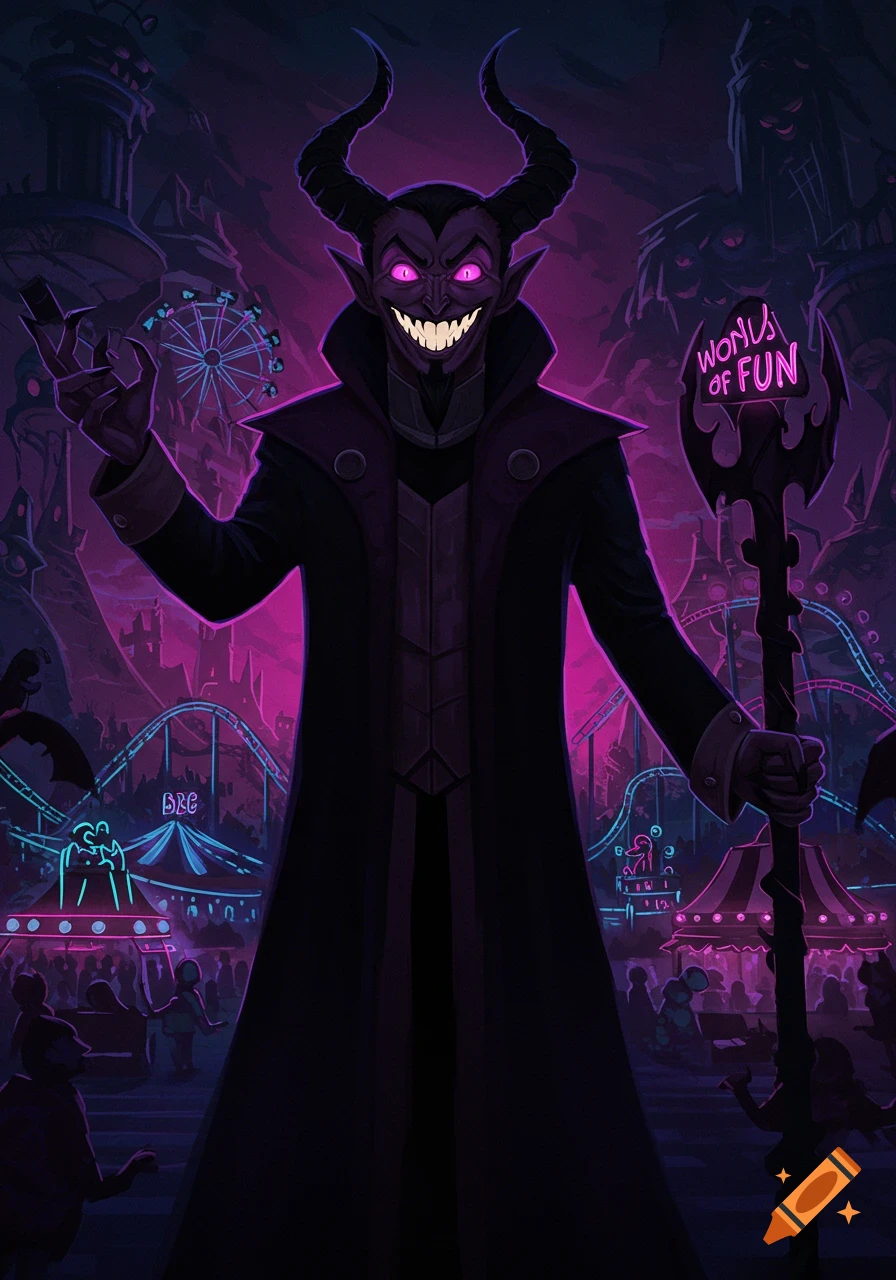 A stylized demon mascot holds a staff in a dark, neon-lit theme park.