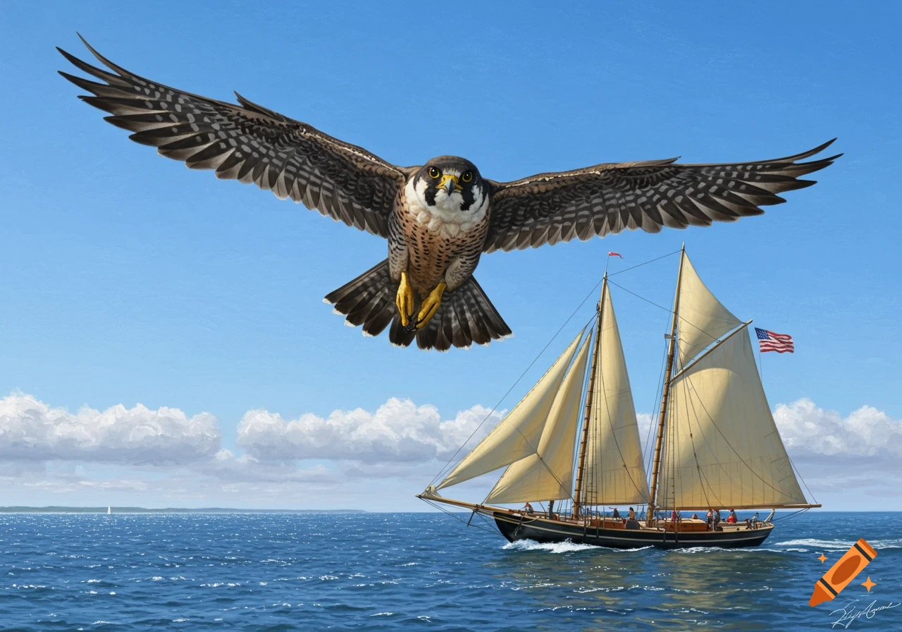 A peregrine falcon flies over a sailboat on the ocean under a blue sky.