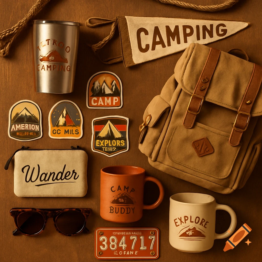 Flat lay arrangement of camping accessories including a backpack, mugs, tumbler, stickers, sunglasses, and a license plate.