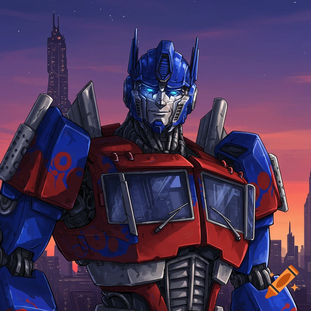 Optimus Prime stands before a city skyline at sunset in a stylized illustration.