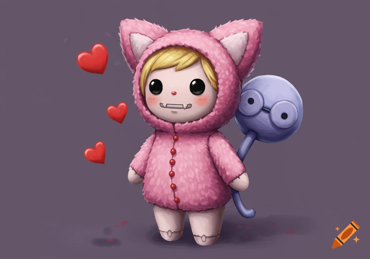 A cute stylized doll in a pink furry cat suit holding a round toy, with red hearts floating nearby.