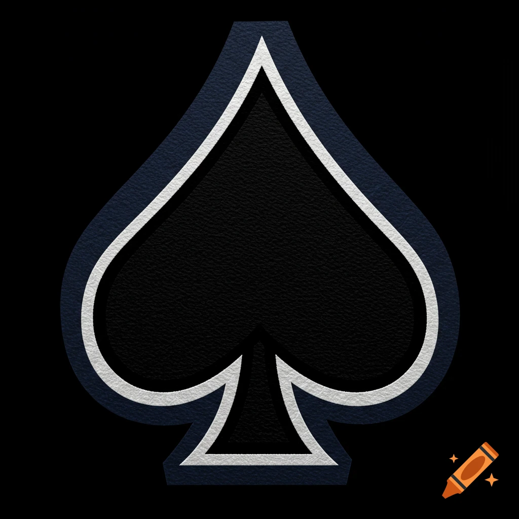 A graphic of a black spade symbol with white and navy blue outlines on a black background.