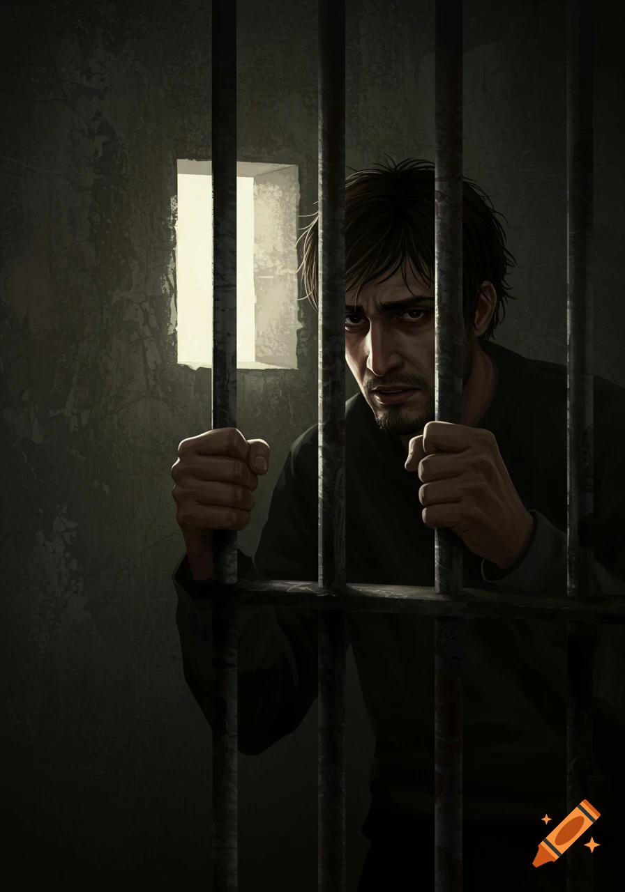 An illustration of a person in a dark prison cell, gripping the bars and looking out.