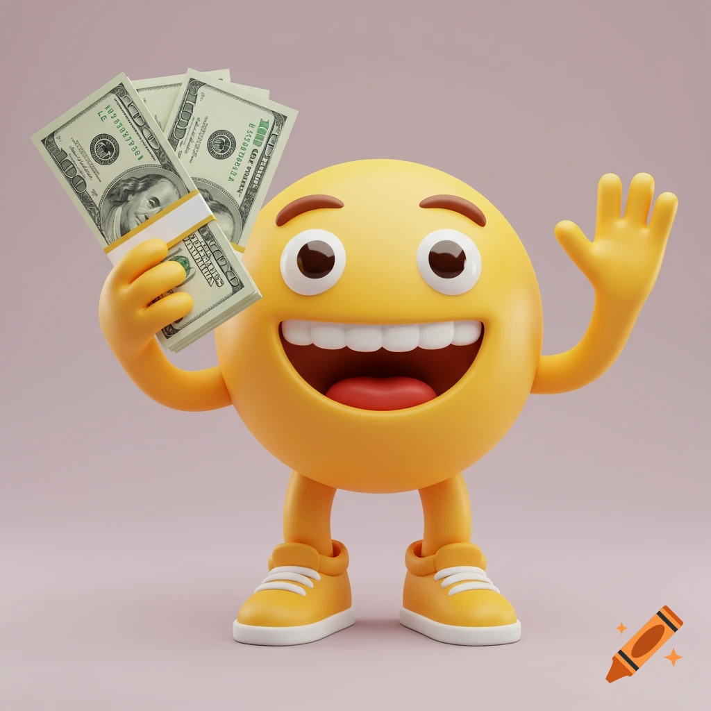 A 3D render of a yellow emoji character holding a stack of money and waving.