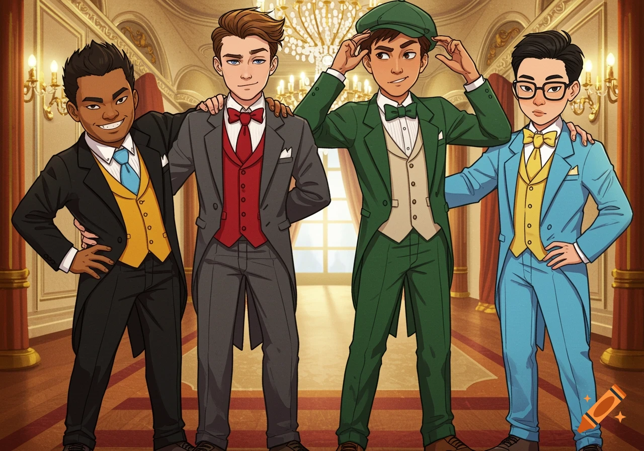 Four cartoon boys in different colored tuxedos stand together in a lavish room.