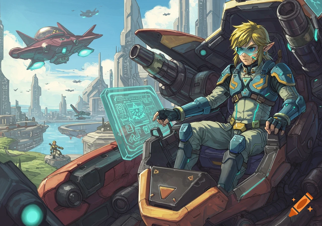Link in a futuristic mecha suit seated in the cockpit, looking at a display, with a sci-fi city and flying vehicles in the background.