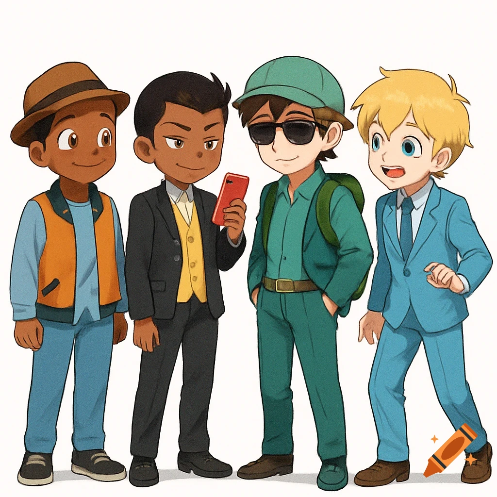 Four anime-style cartoon boys in different outfits stand together.