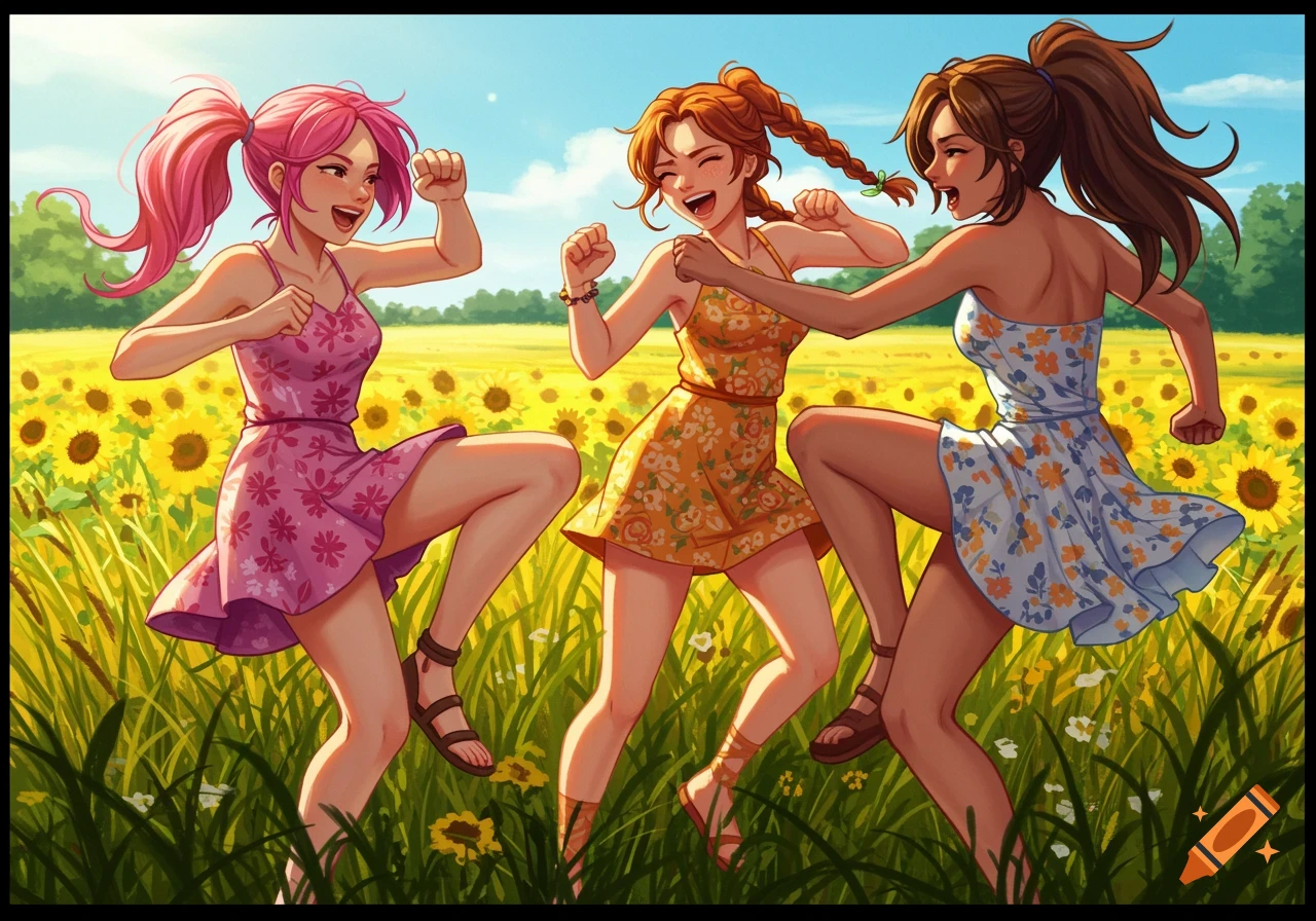 Three young women in an anime style dance and jump in a sunny sunflower field.