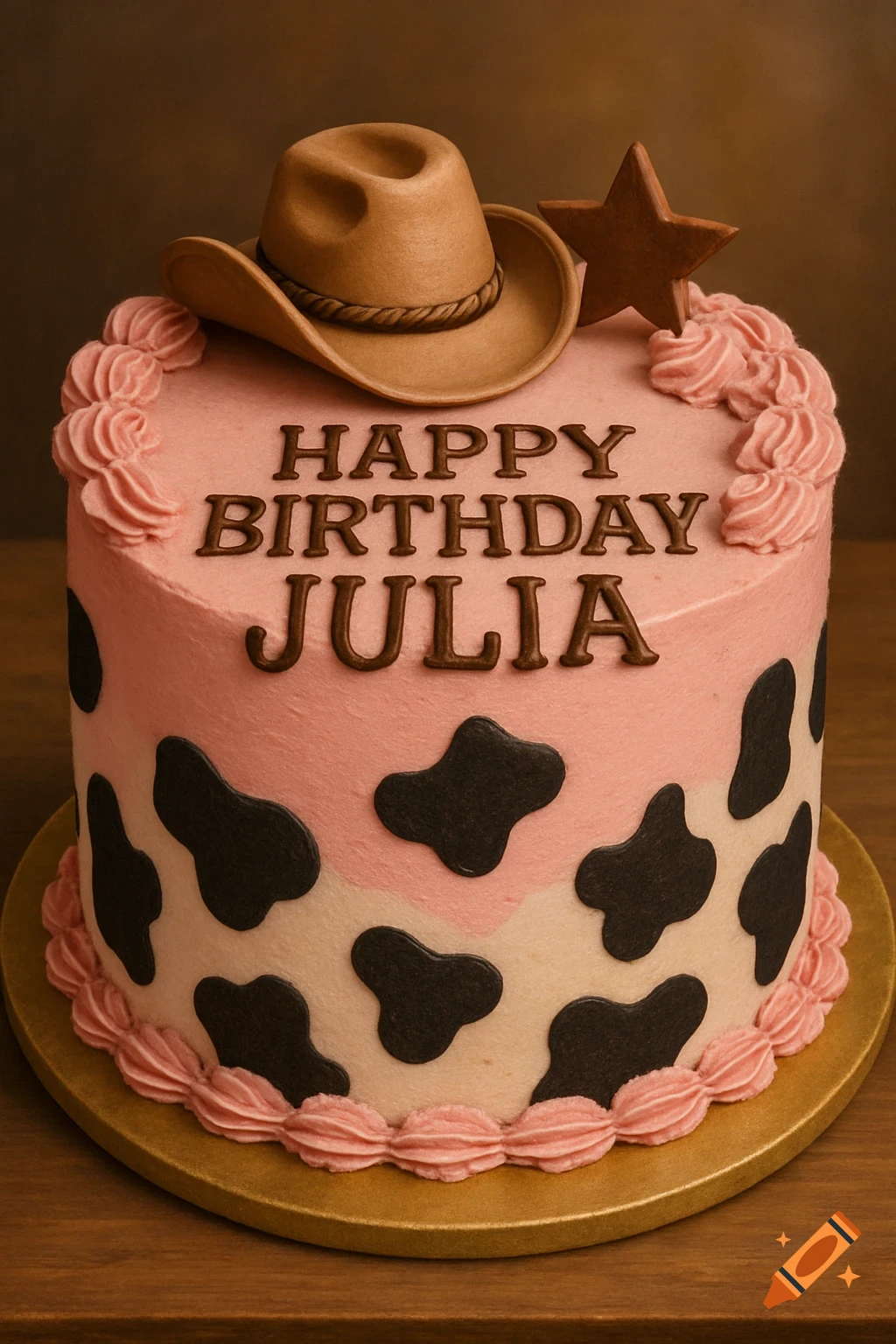 A pink and white birthday cake decorated with black cow spots, pink swirls, a cowboy hat, a star, and 'Happy Birthday Julia'.