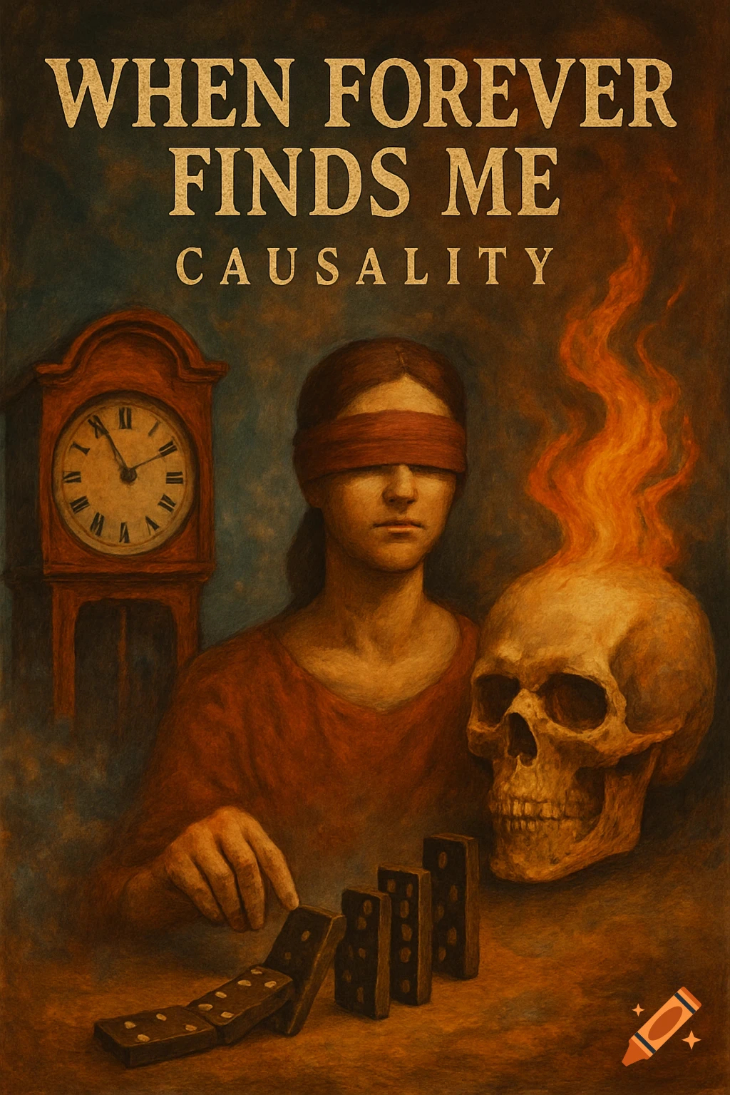 Painterly image of blindfolded person with skull and clock, pushing dominoes, with text 'WHEN FOREVER FINDS ME CAUSALITY'.