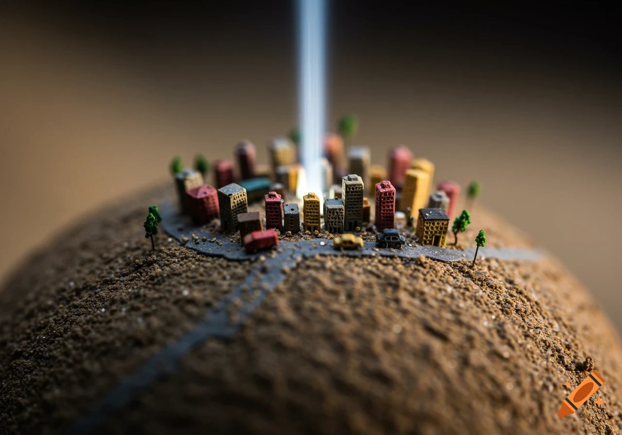 Macro photo of a miniature city on a dirt mound with a light beam.