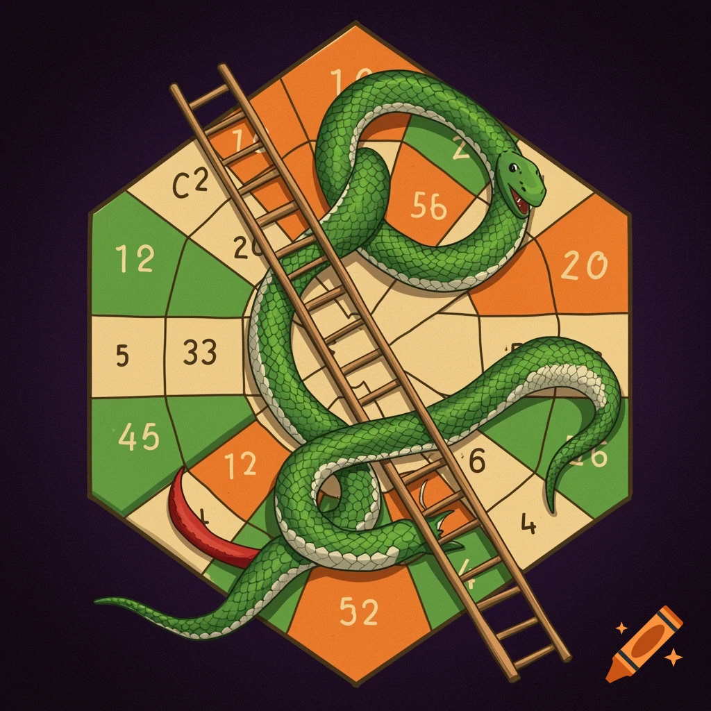 Illustration of a hexagonal snakes and ladders board game with a large green snake and ladder.