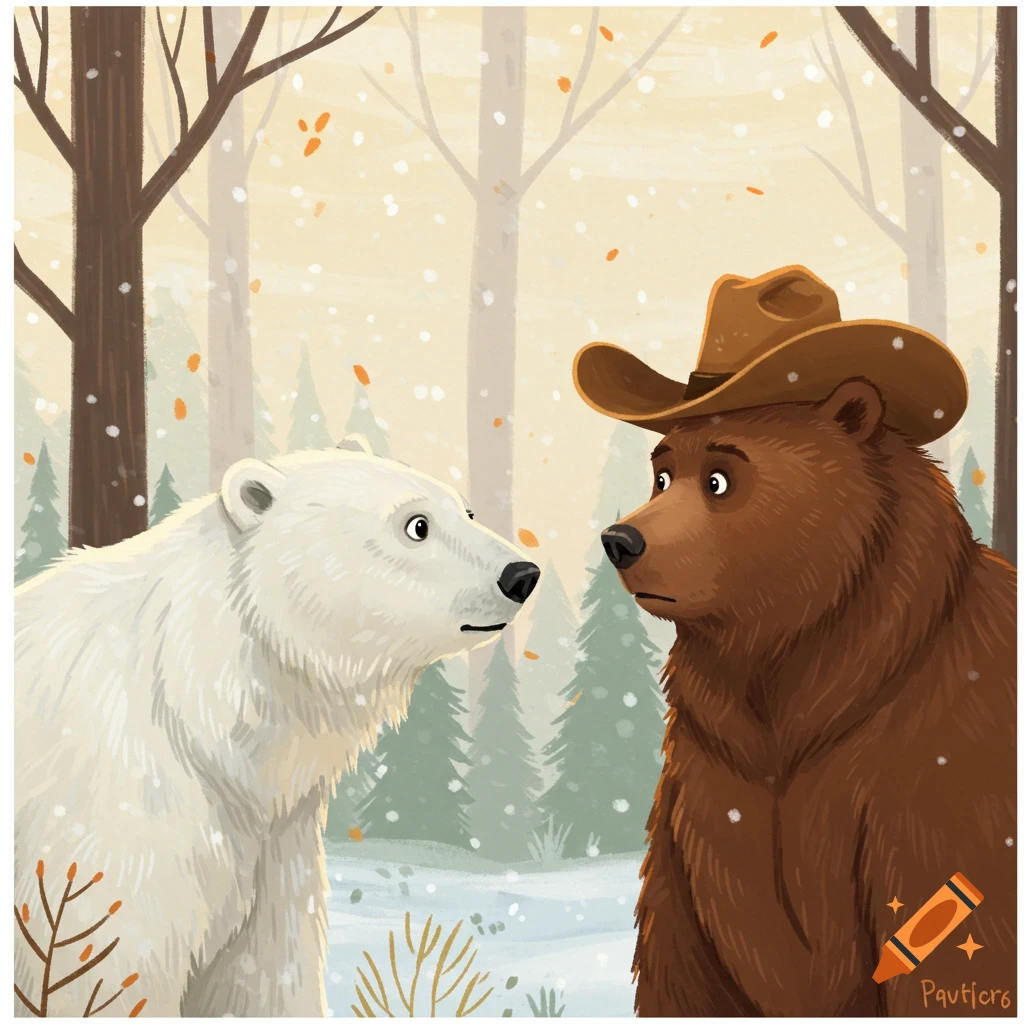 An illustration of a polar bear looking at a grizzly bear in a cowboy hat in a snowy forest.