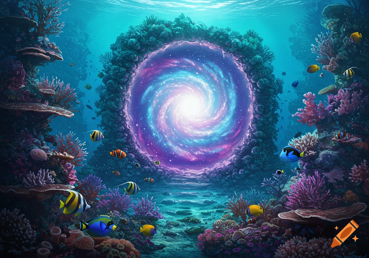 An underwater scene of a coral reef surrounding a swirling portal to a galaxy, with tropical fish.