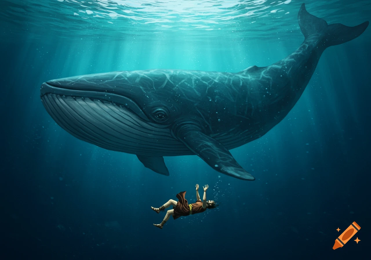 A man sinks underwater as a large whale swims up from below in an illustration.