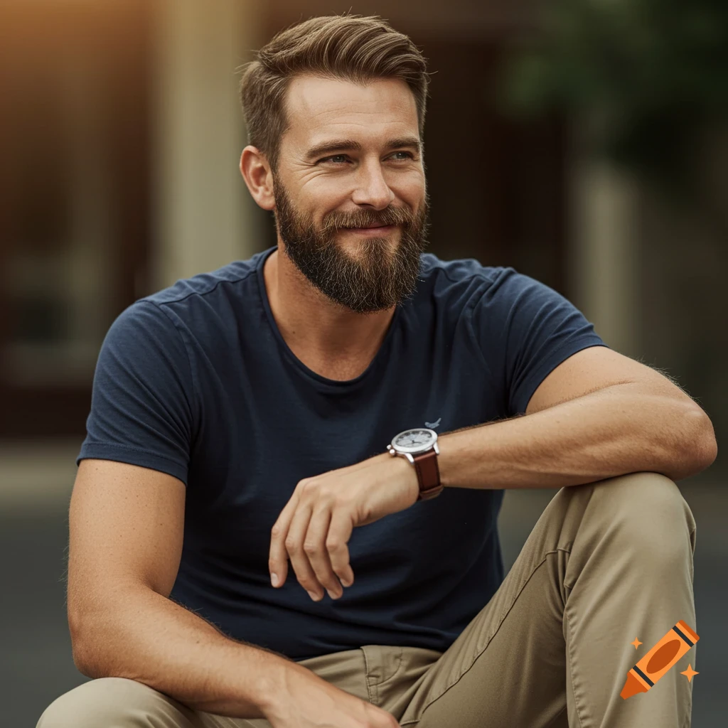 A man with a beard wearing a blue t-shirt and watch sits outside.