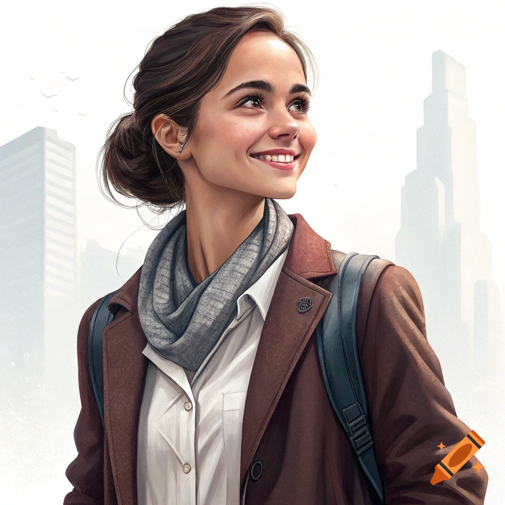 A smiling young woman in a brown coat and grey scarf stands with a backpack outdoors in a city.