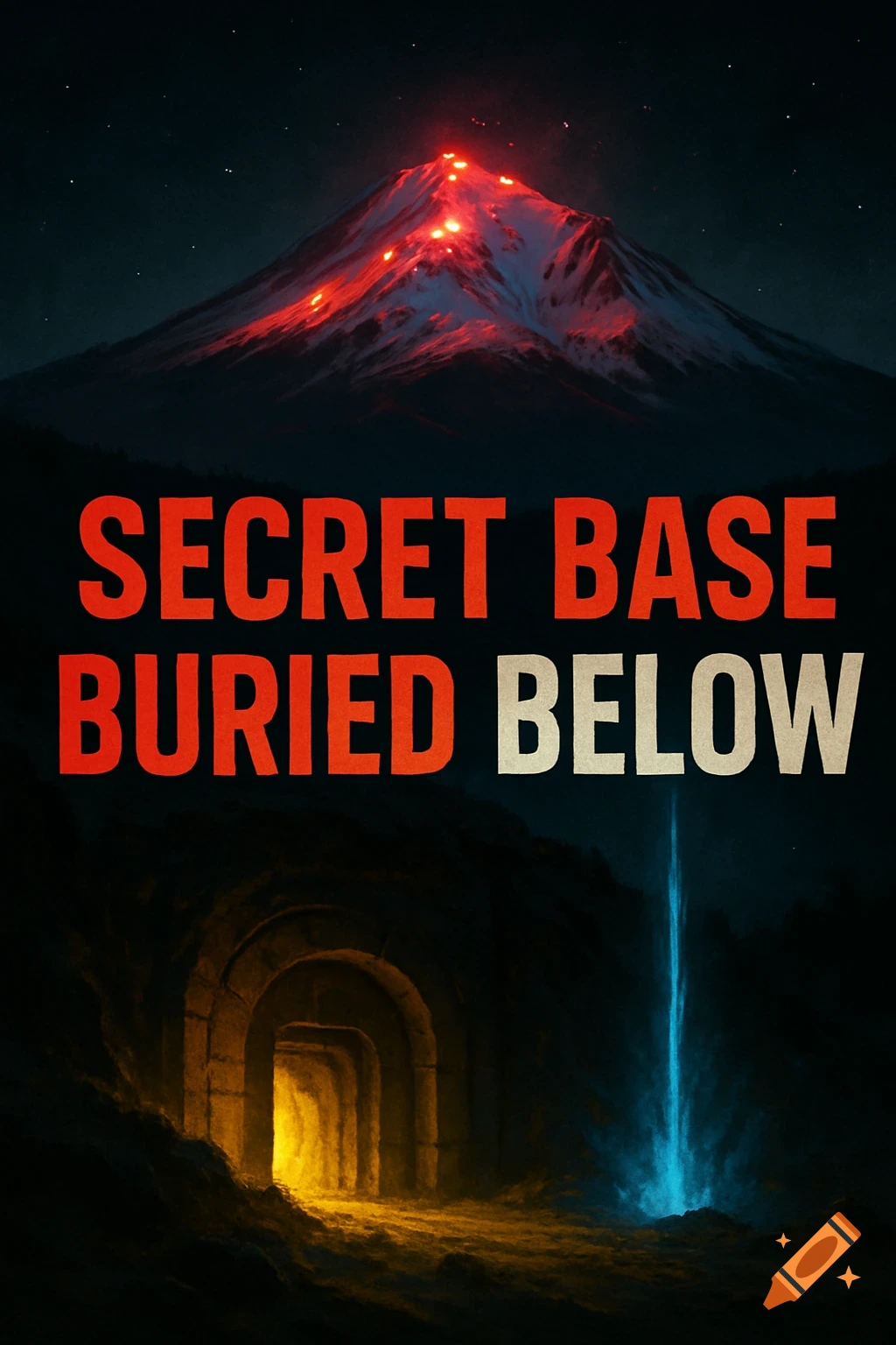 Dramatic night scene with a glowing volcano above text and a mysterious tunnel entrance with glowing lights below