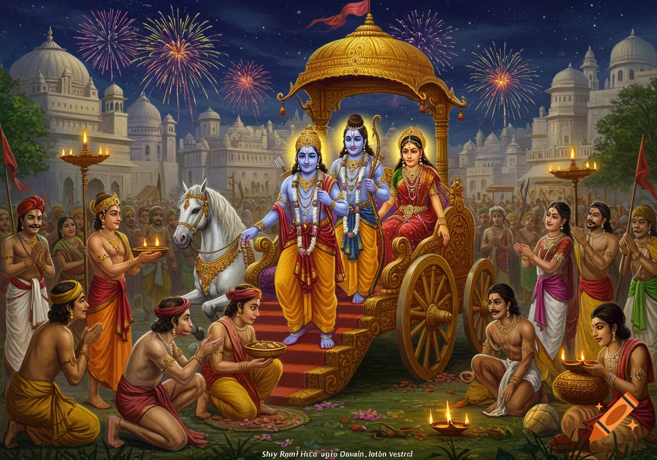 Ram, Sita, and Laxman on a chariot arriving in a city at night during Diwali, greeted by a crowd with lamps and fireworks.