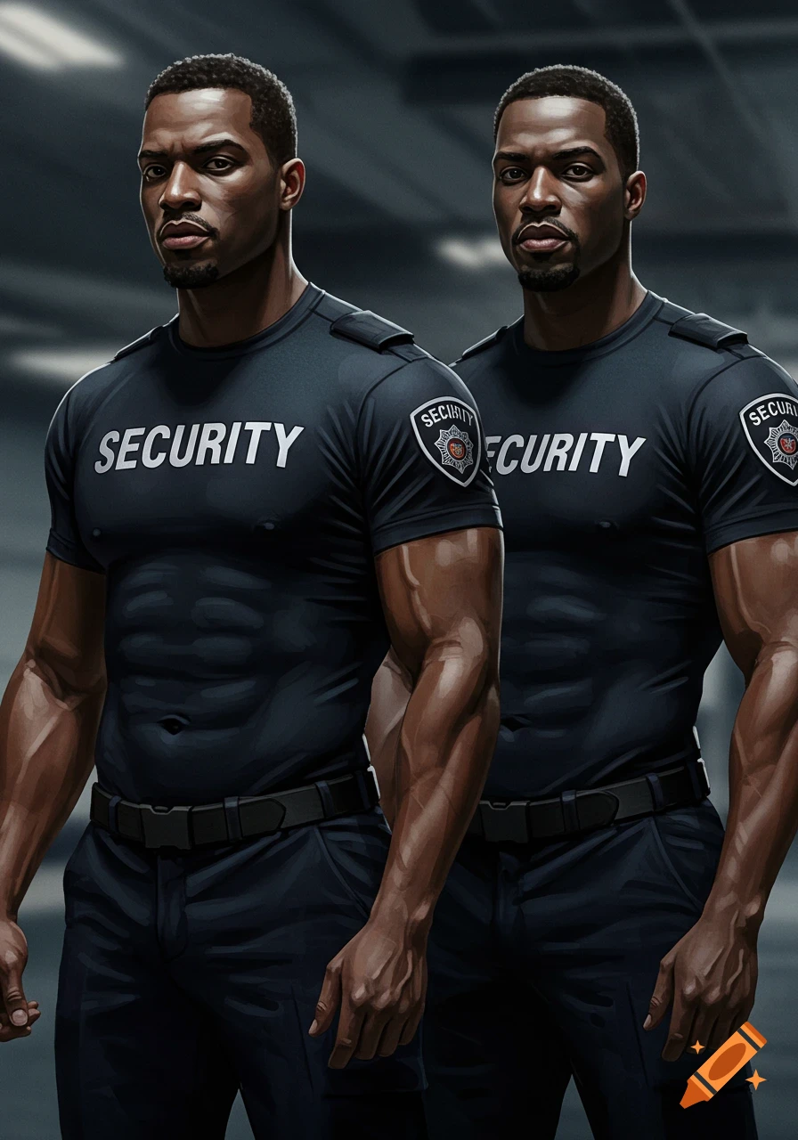Two muscular security guards standing side by side