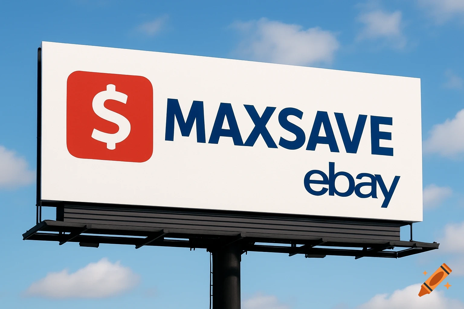 A billboard advertising Maxsave and ebay against a cloudy blue sky.