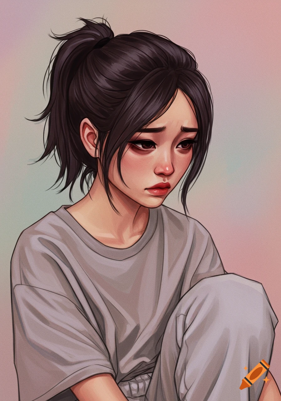 A digital illustration of a sad girl with dark hair in a ponytail, wearing a gray t-shirt.