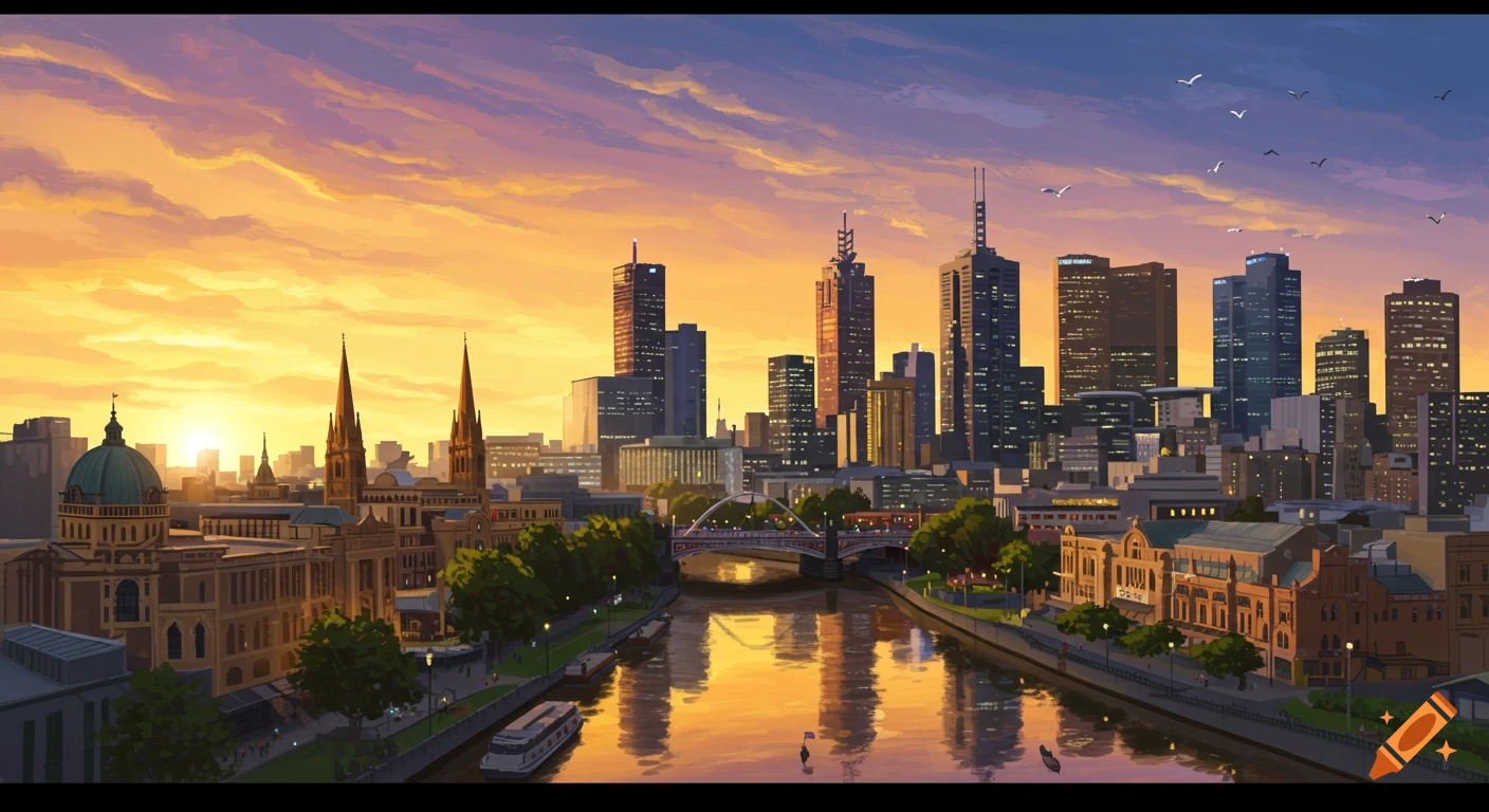 Illustrative cityscape and river at sunset