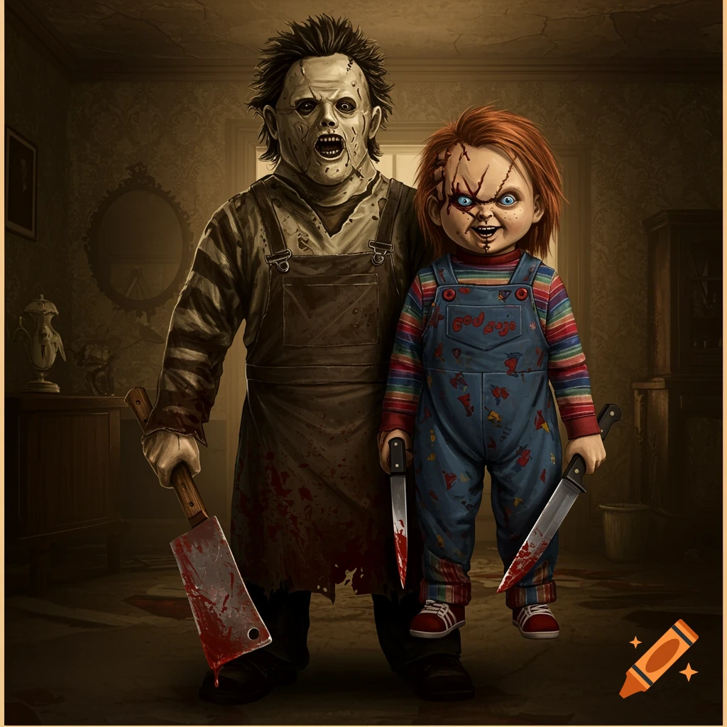 Leatherface and Chucky stand side-by-side holding bloody knives in a room.