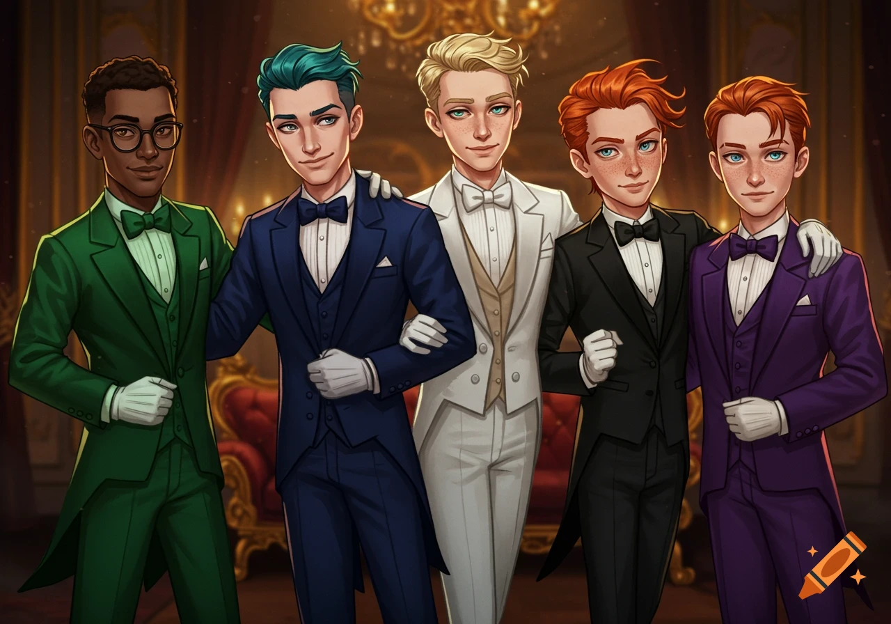 Five men in colorful formal wear standing in a ballroom, cartoon illustration.