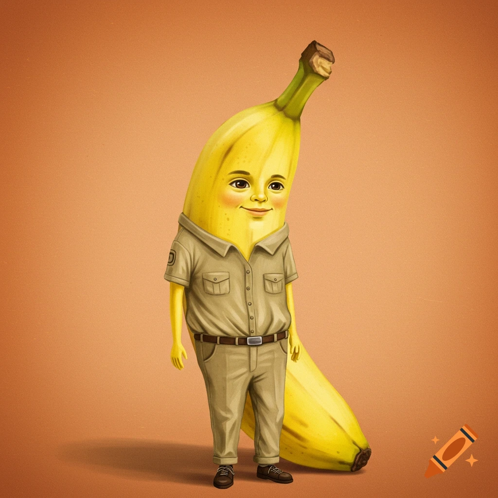 Illustration of a banana with a human face wearing a khaki shirt and pants