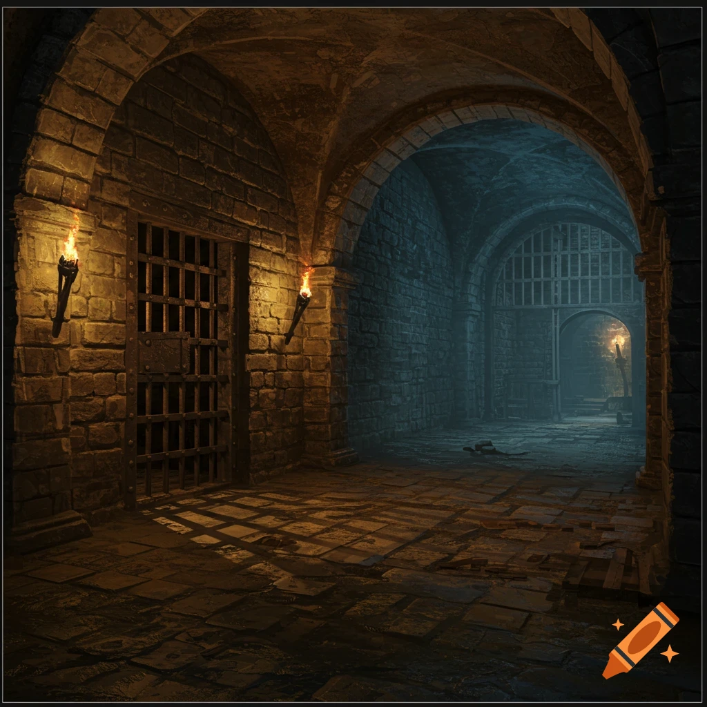 Dark dungeon corridor with arched ceilings, cell doors, and torches casting shadows