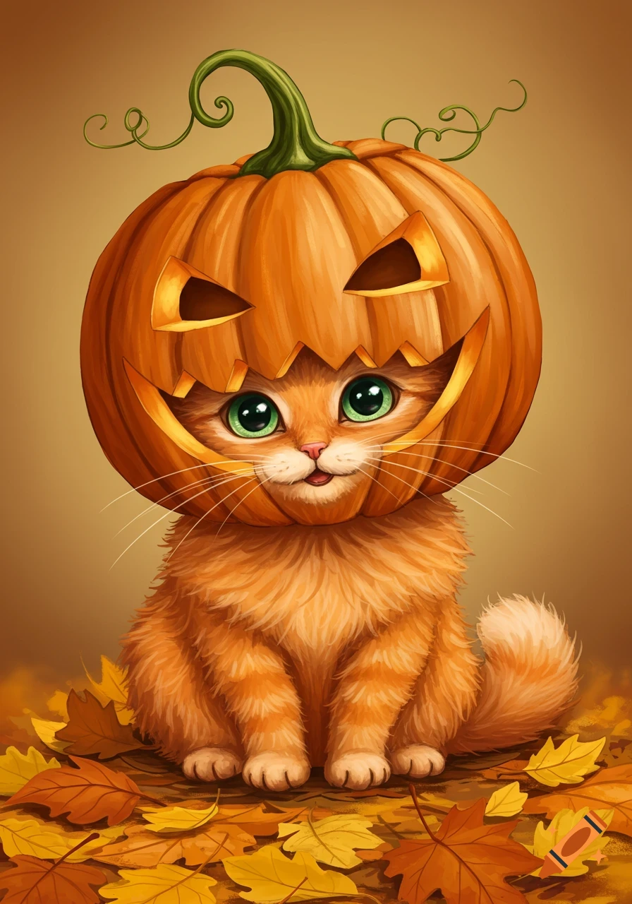 A fluffy orange cat with green eyes wears a carved pumpkin on its head while sitting among autumn leaves.