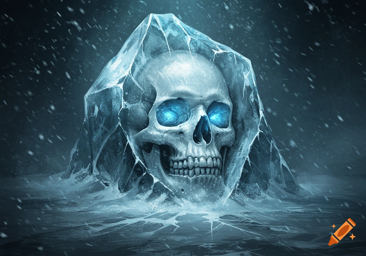 A skull with glowing blue eyes frozen in a block of ice during a snowfall.