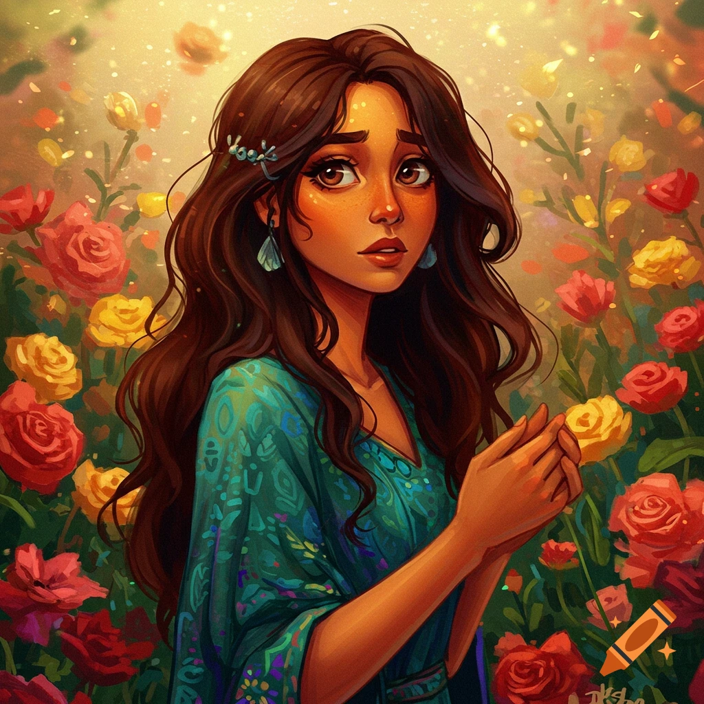 A stylized portrait of a woman with long brown hair and a green dress ...