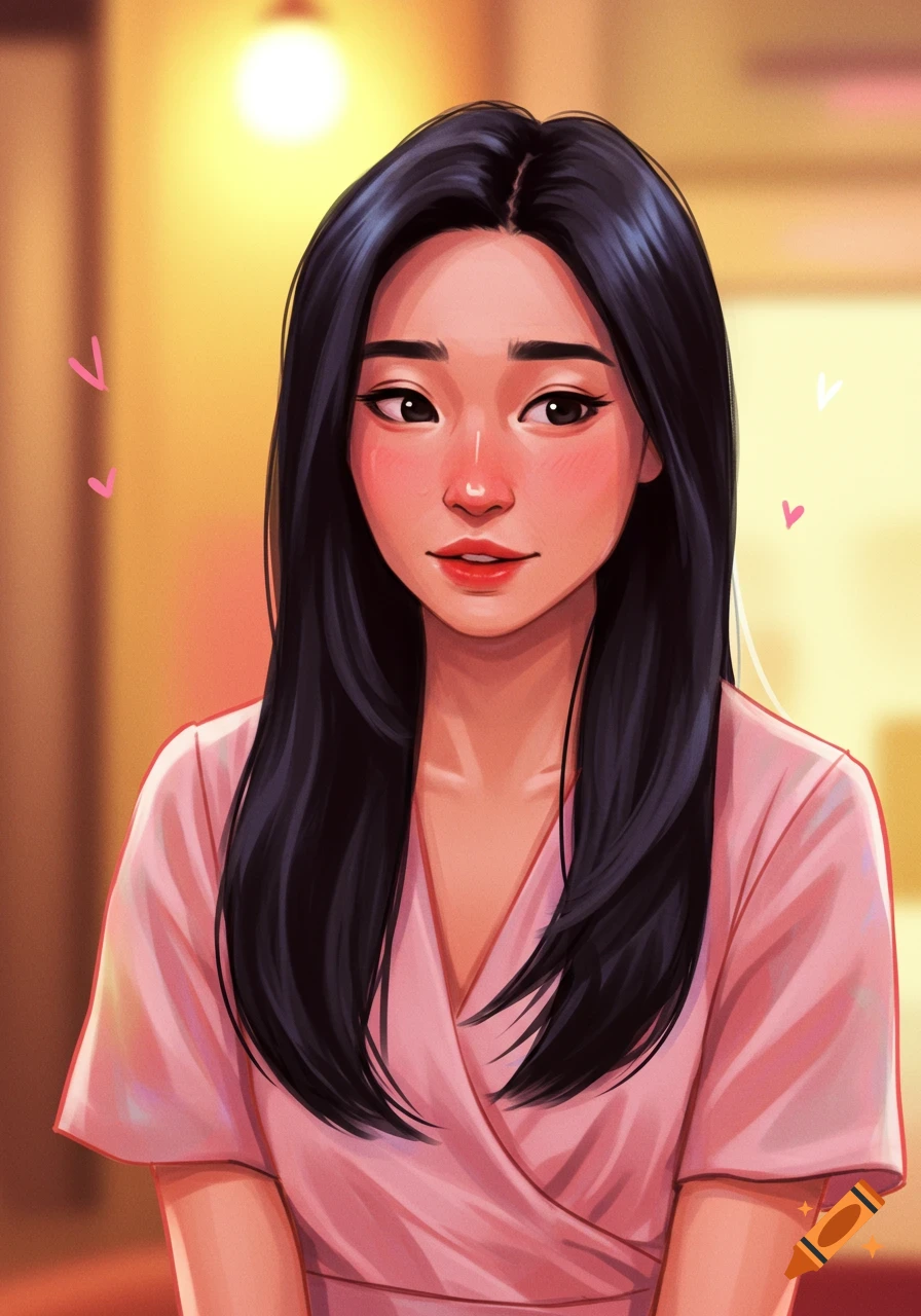 Stylized digital illustration portrait of a young woman with dark hair ...