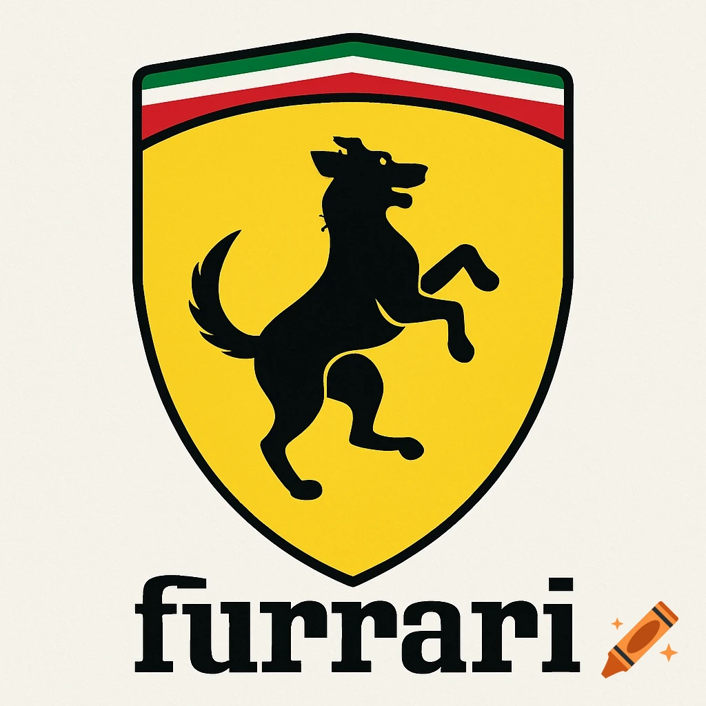 Logo with a black prancing dog on a yellow shield, similar to the Ferrari logo, with the word furrari below.