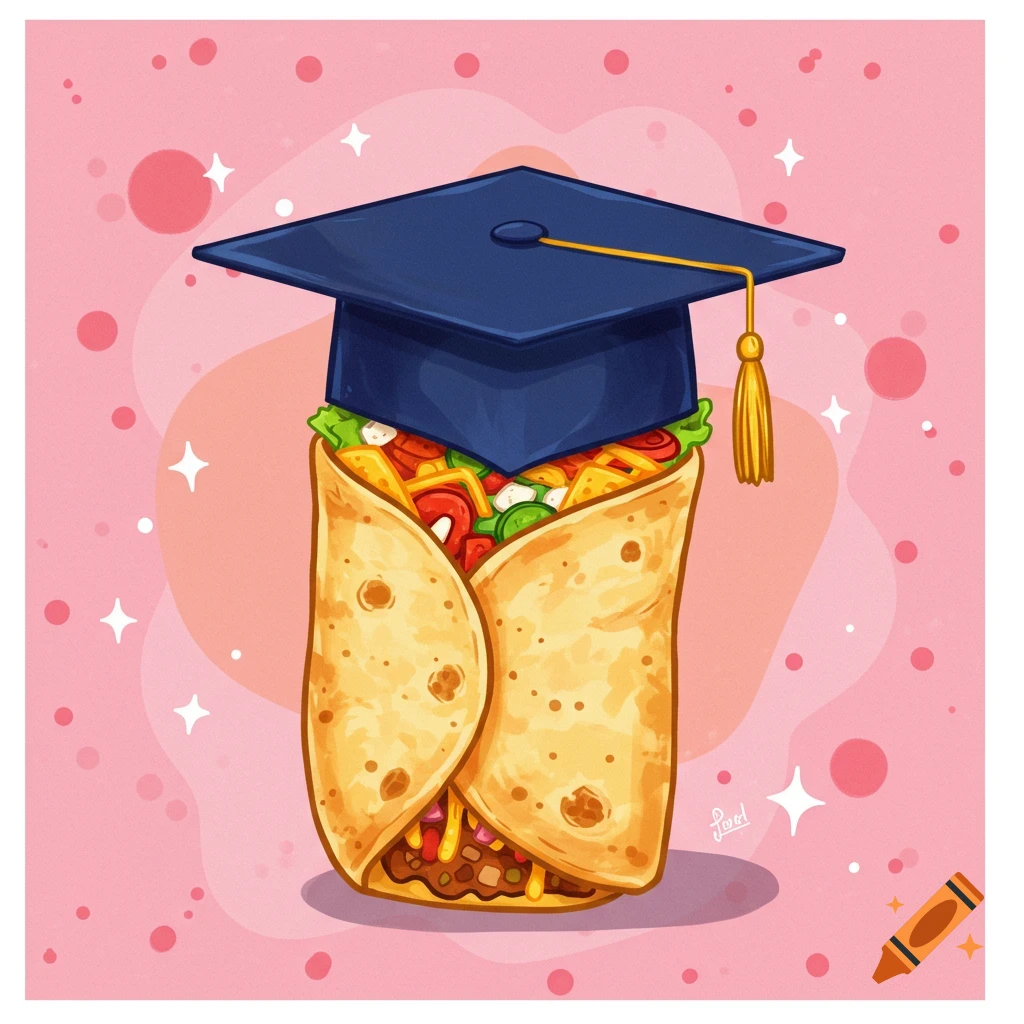 A cartoon illustration of a burrito wearing a graduation cap on a pink background.