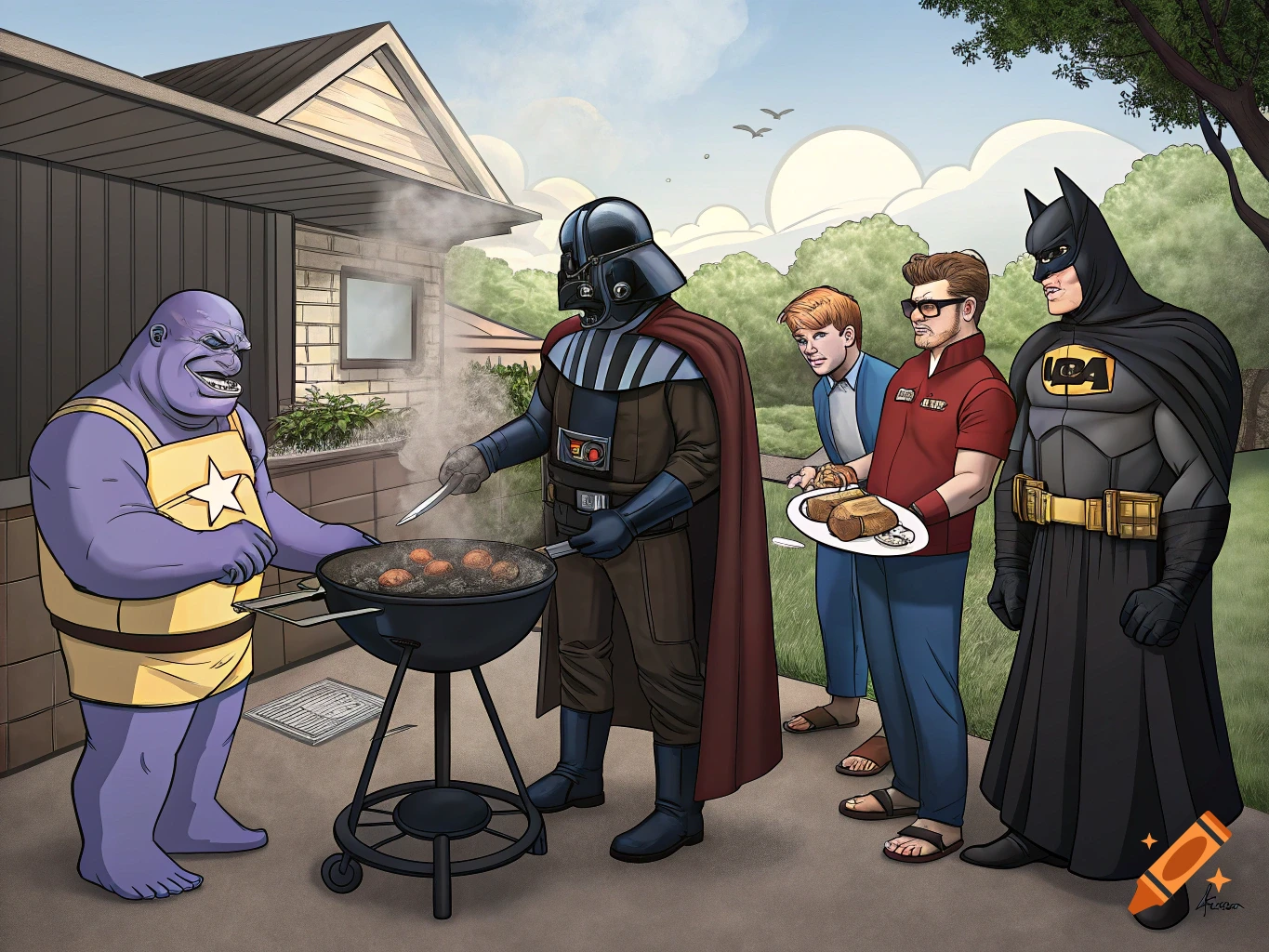 Thanos, Darth Vader, and Batman with two men having a barbecue in a cartoon style.