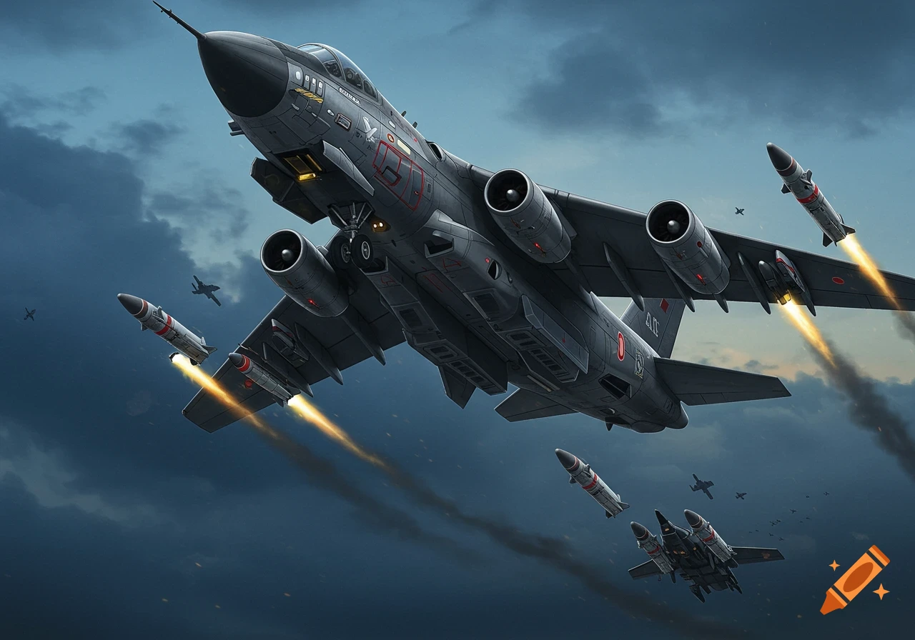 Large grey bomber aircraft launching missiles, accompanied by fighter jets, under a dark sky, realistic style.